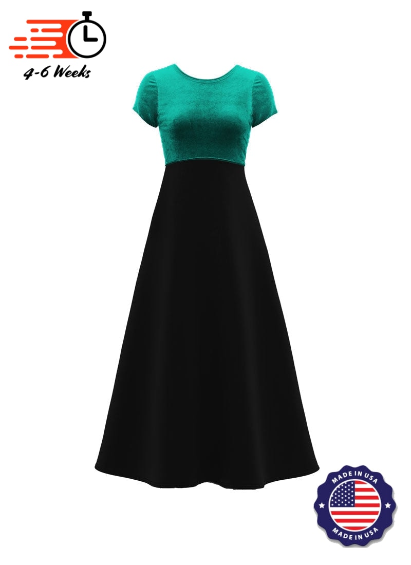 Jewel Neck V-Back Neck Short Sleeve Stretch Velvet Top/ Black Crepe Knit Gown