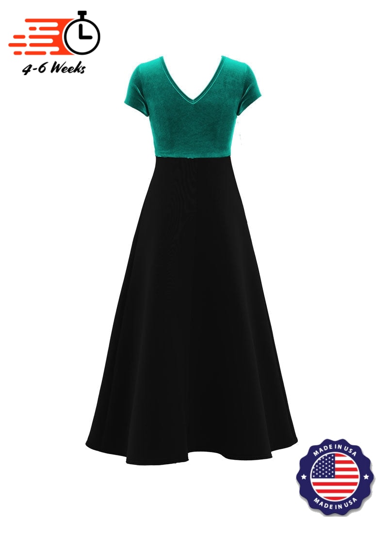 Jewel Neck V-Back Neck Short Sleeve Stretch Velvet Top/ Black Crepe Knit Gown