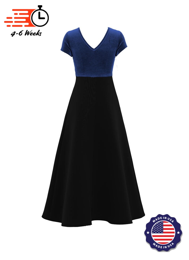 Jewel Neck V-Back Neck Short Sleeve Stretch Velvet Top/ Black Crepe Knit Gown