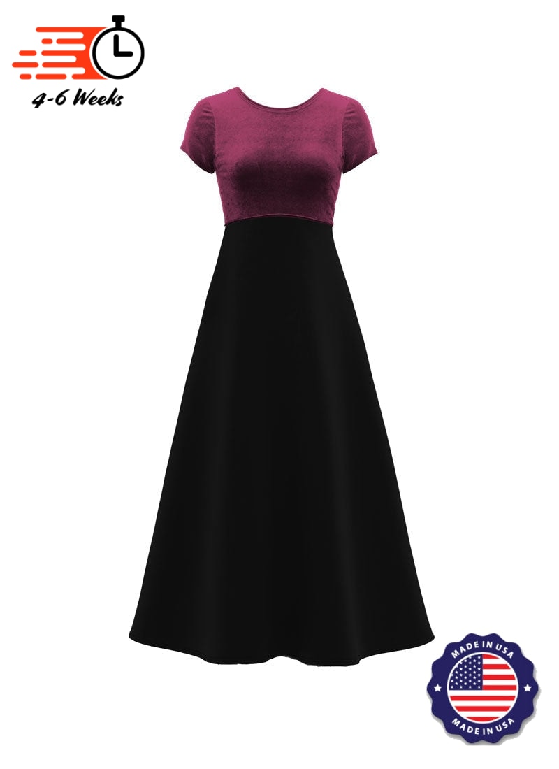 Jewel Neck V-Back Neck Short Sleeve Stretch Velvet Top/ Black Crepe Knit Gown