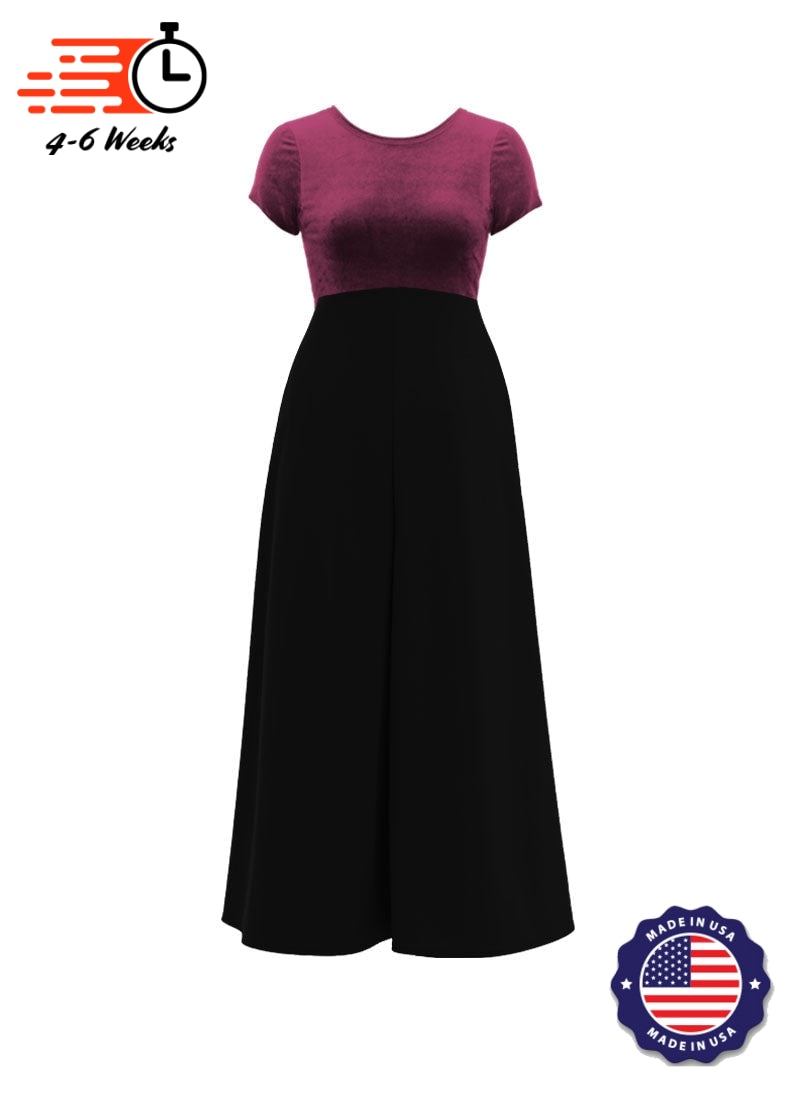 Jewel Neck V-Back Neck Short Sleeve Stretch Velvet Top/ Black Crepe Knit Palazzo Pant Jumpsuit