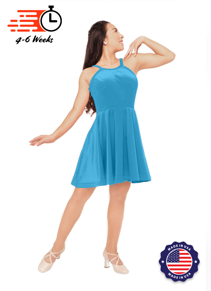 The DANCER Sky Blue Stretch Velvet Show Choir Dress w/model front