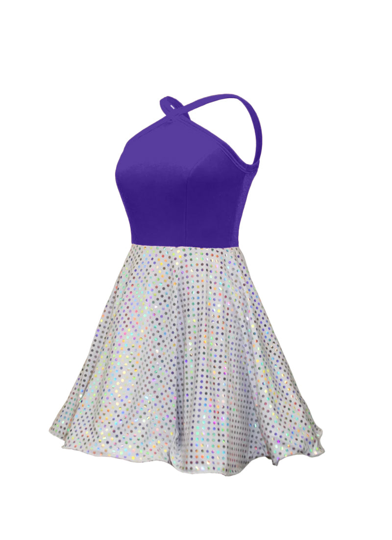 Purple Velvet Top/White Silver Laser Dot Sequin Circle Skirt Show Choir Dress side