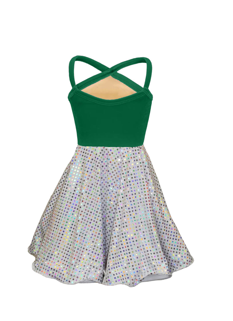 Kelly Green Velvet Top/White Silver Laser Dot Sequin Circle Skirt Show Choir Dress back