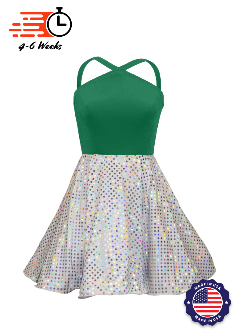 Kelly Green Velvet Top/White Silver Laser Dot Sequin Circle Skirt Show Choir Dress front