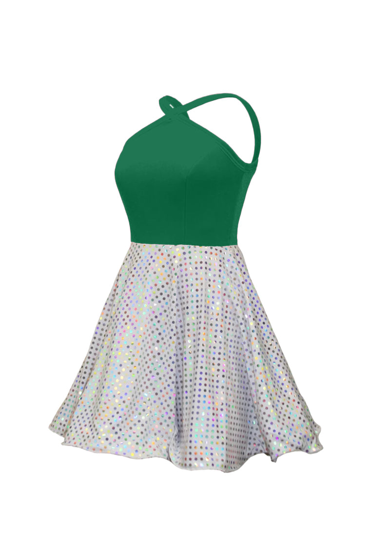 Kelly Green Velvet Top/White Silver Laser Dot Sequin Circle Skirt Show Choir Dress side