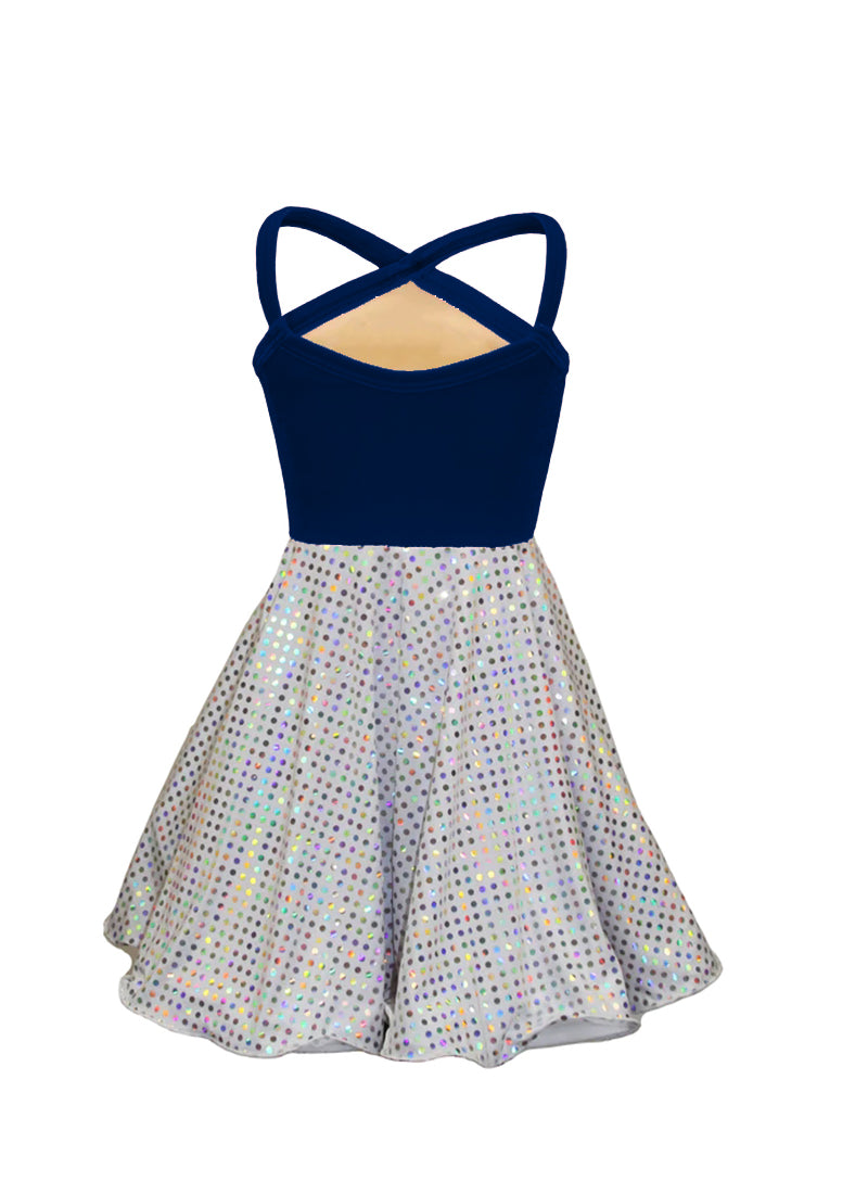 Navy Blue Velvet Top/White Silver Laser Dot Sequin Circle Skirt Show Choir Dress back