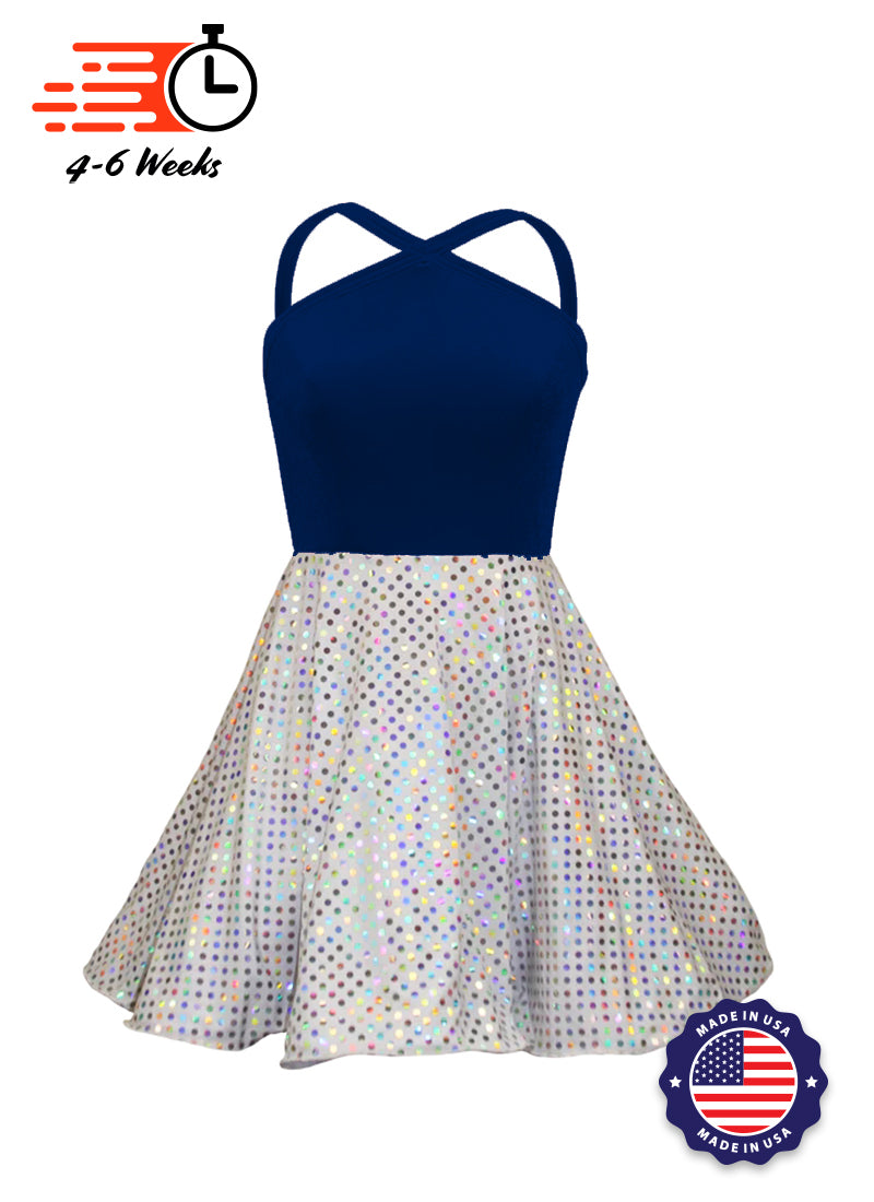 Navy Blue Velvet Top/White Silver Laser Dot Sequin Circle Skirt Show Choir Dress front