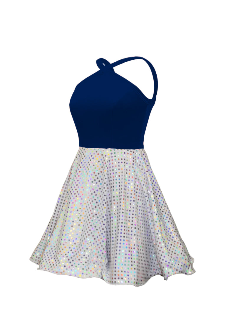 Navy Blue Velvet Top/White Silver Laser Dot Sequin Circle Skirt Show Choir Dress side