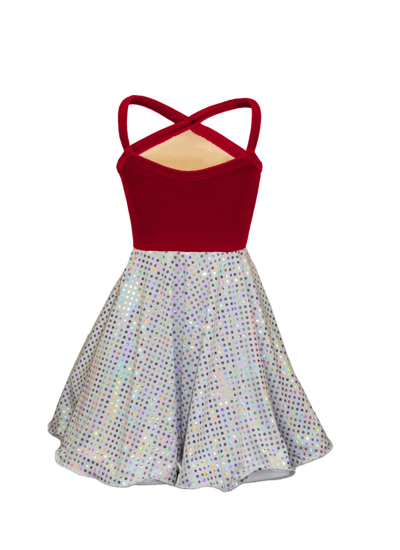 Velvet Bodice/White Silver Laser Dot Sequin Circle Skirt Show Choir Dress - Neons & Metallics - Ships 4 to 6 weeks