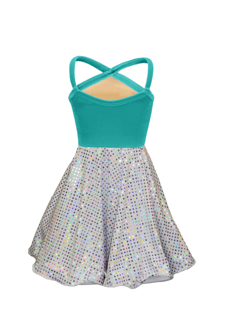 Tiffany Blue Velvet Top/White Silver Laser Dot Sequin Circle Skirt Show Choir Dress back