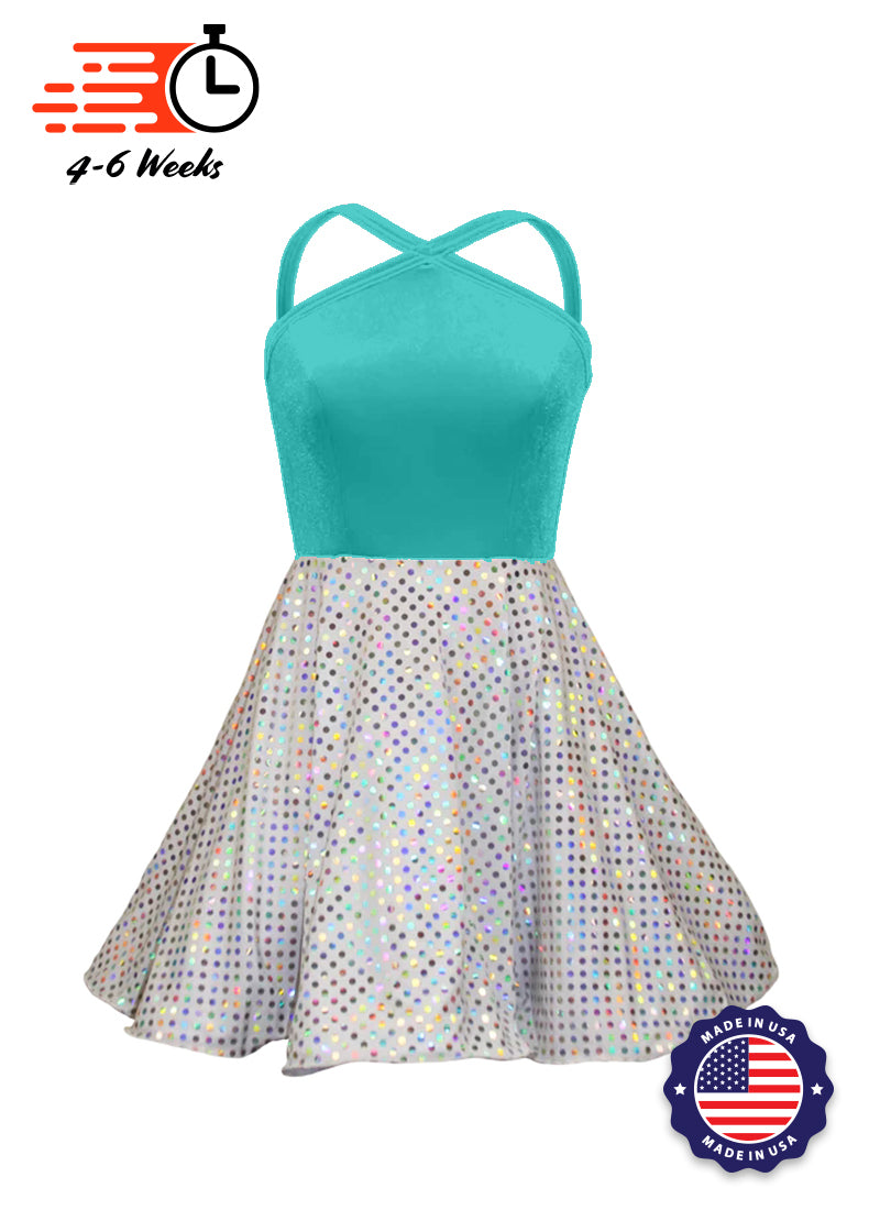 Tiffany Blue Velvet Top/White Silver Laser Dot Sequin Circle Skirt Show Choir Dress front