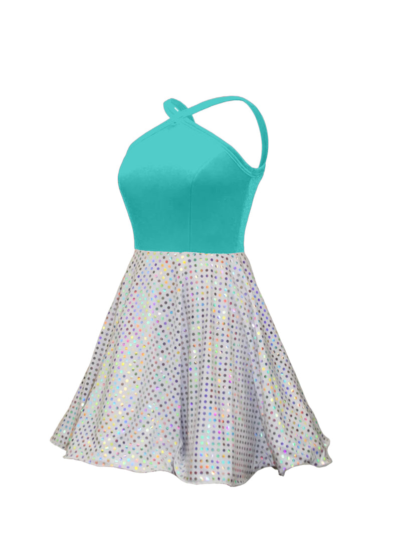 Tiffany Blue Velvet Top/White Silver Laser Dot Sequin Circle Skirt Show Choir Dress side