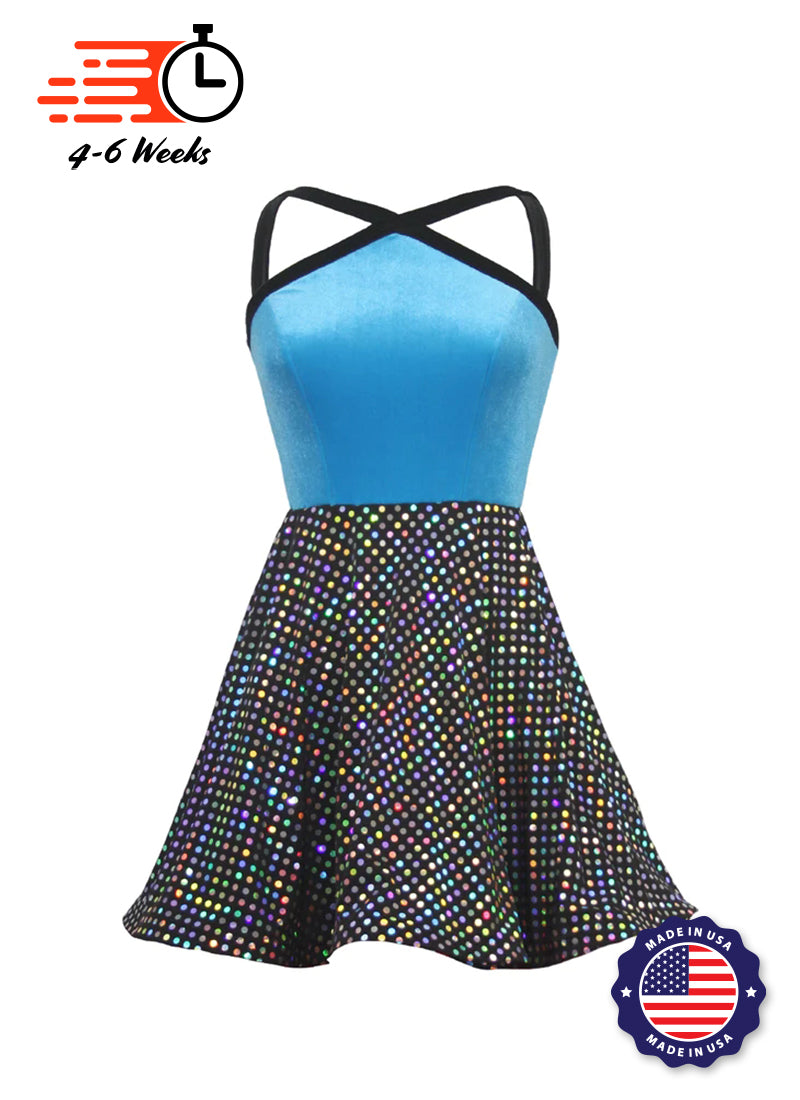 Turquoise Velvet Bodice w Black/Silver Laser Dot Sequin Show Choir Dress front