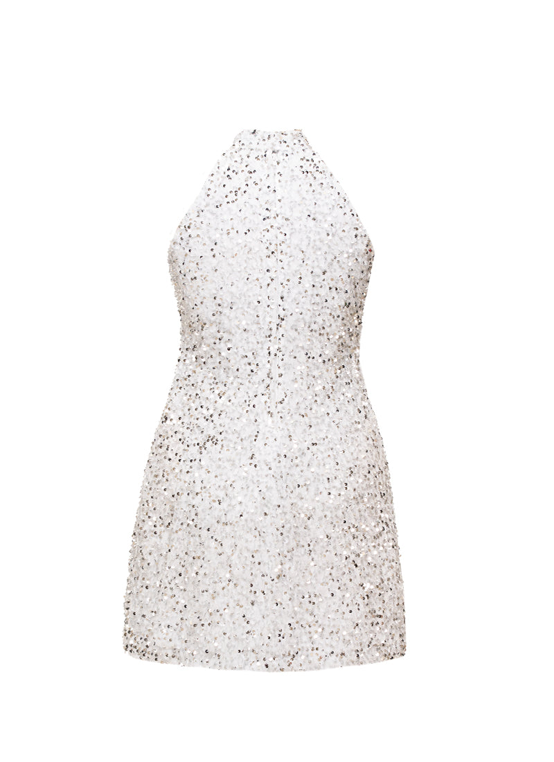 White - Silver Sequin High Neck A-Line SHIFT Show Choir Dress Back View