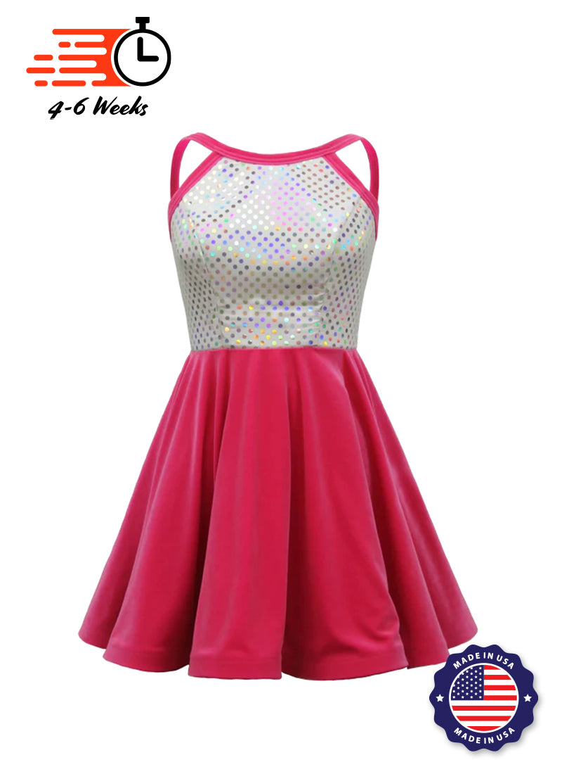 White/Silver Laser Dot & Hot Pink Velvet Show Choir Dress front