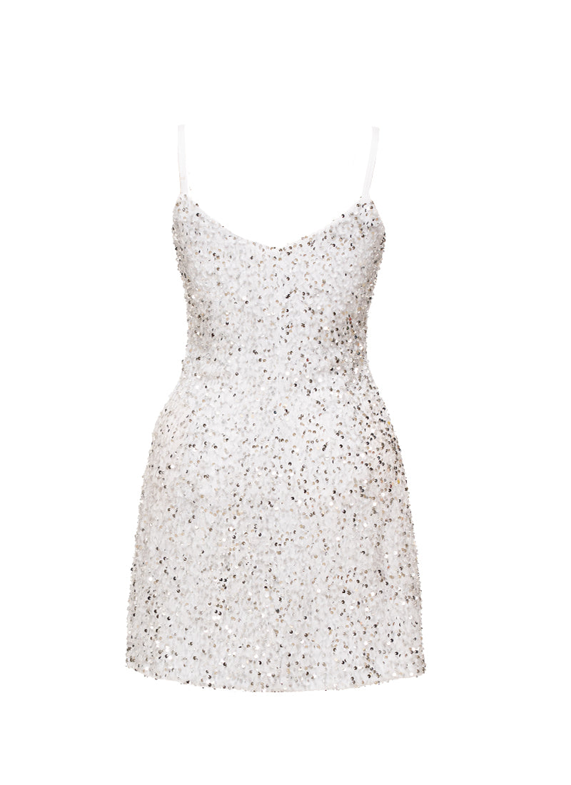 White - Silver Sequin V-Neck A-Line SHIFT Show Choir Dress Back View