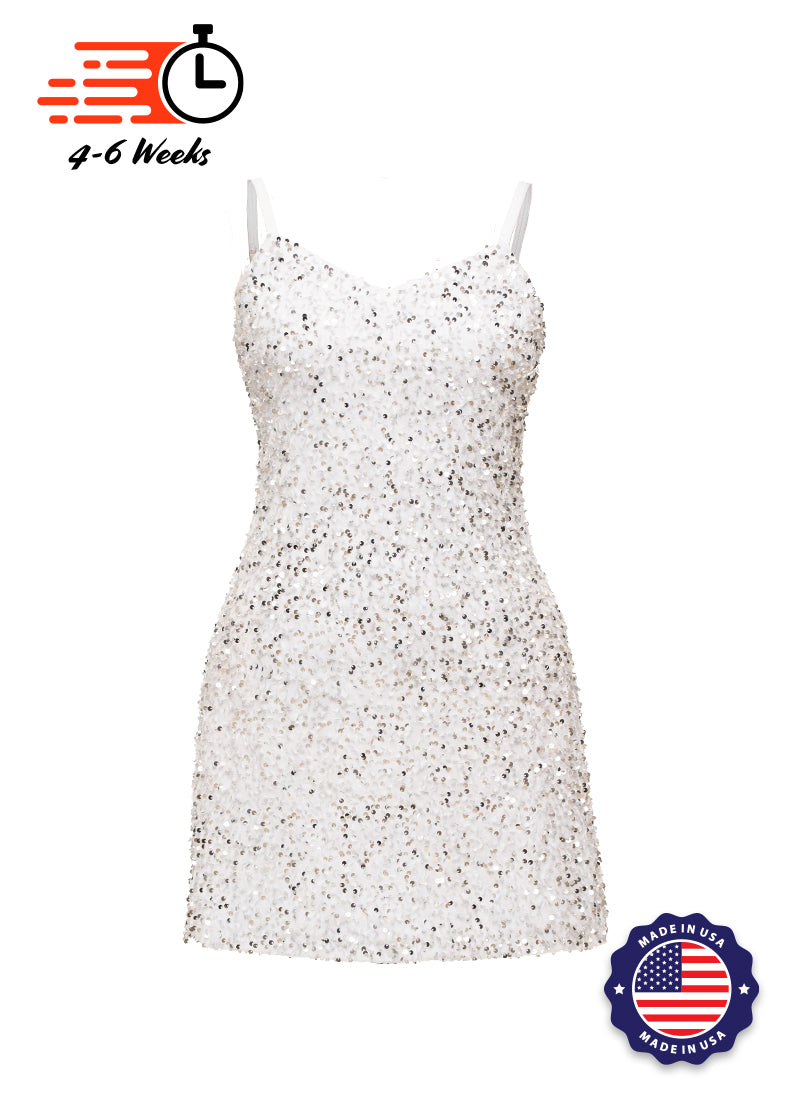 White - Silver Sequin V-Neck A-Line SHIFT Show Choir Dress Front View