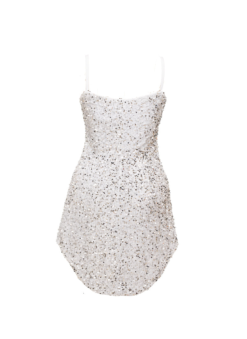 White - Silver Sequin V-Neck/V-Hem SHIFT Show Choir Dress Back View