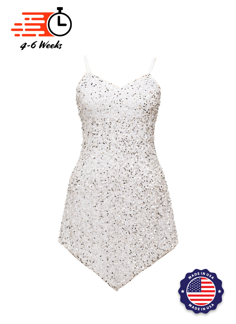 White - Silver Sequin V-Neck/V-Hem SHIFT Show Choir Dress Front View