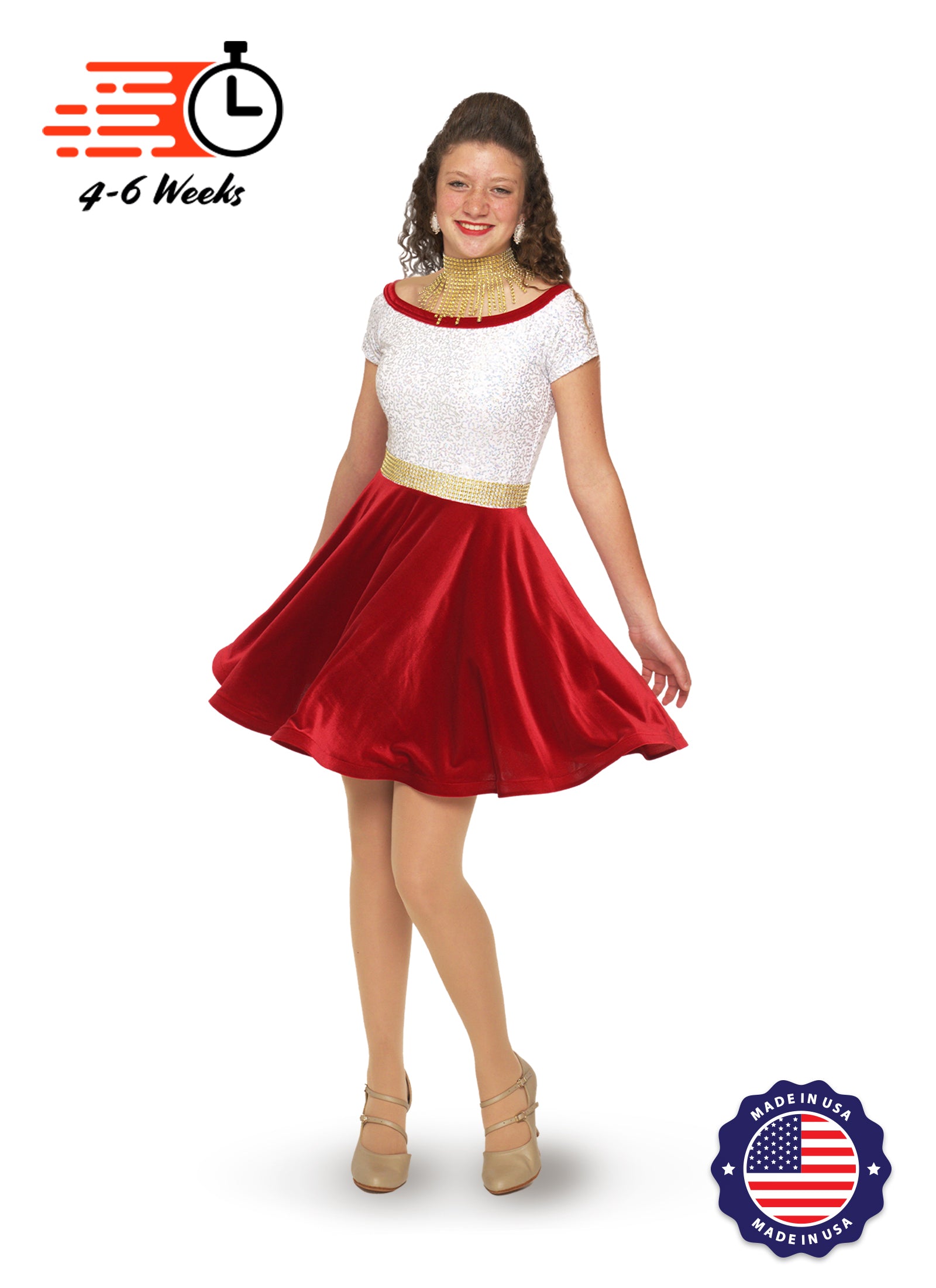 Holiday White/Silver Holo Stretch Sequin Boat Neck DANCER w/ Velvet Skirt and Faux Rhinestone Belt