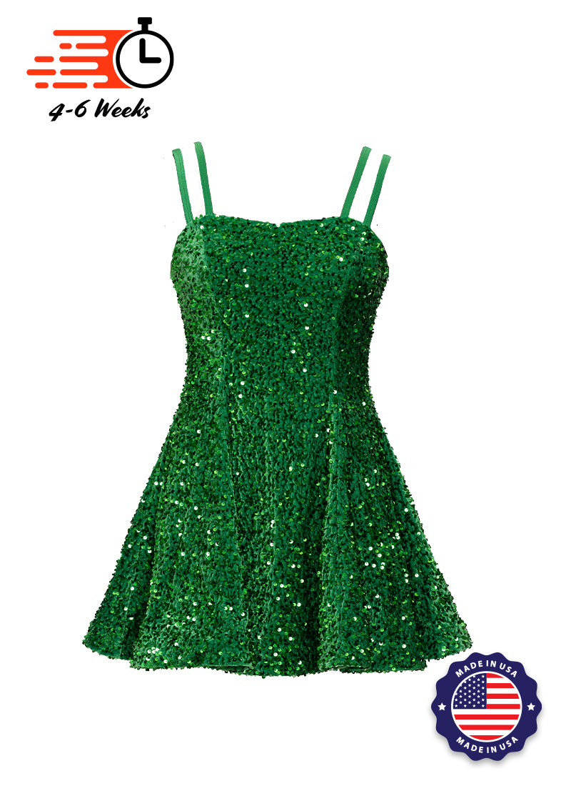 Hunter Green Velvet Sequin Classic Square Neckline Princess Seam Show Choir Dress Front