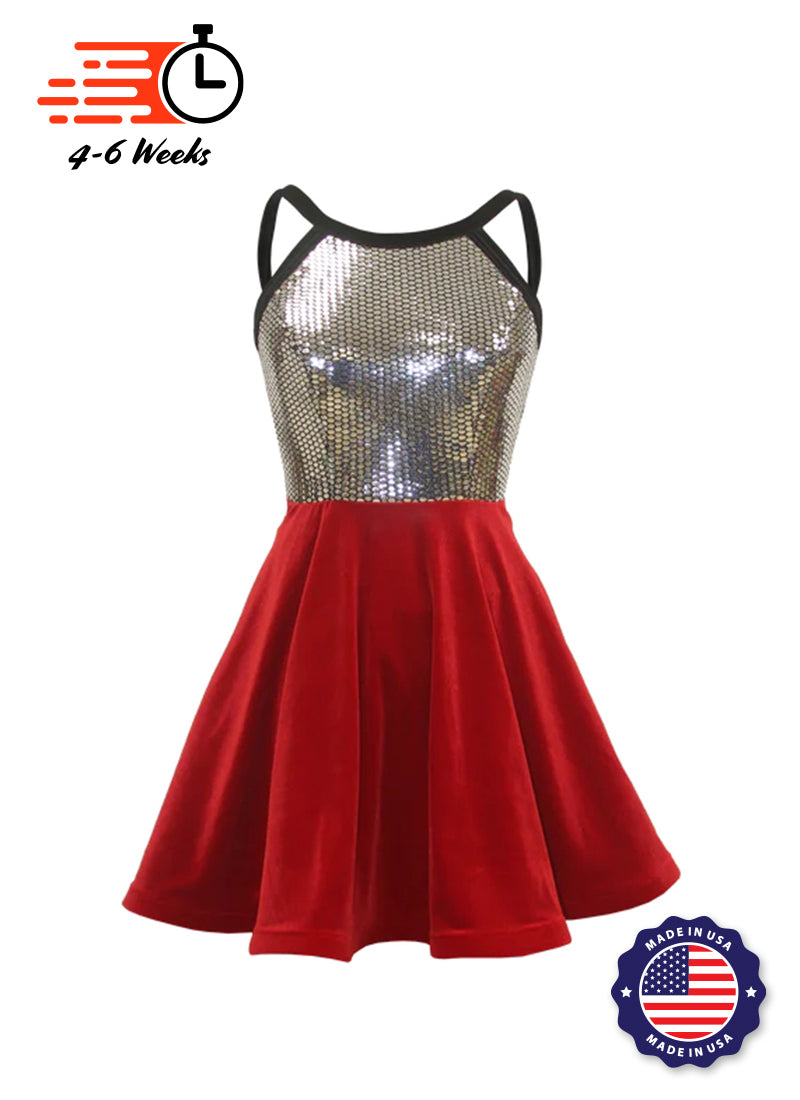 Silver Disco Ball Sequin/Red Stretch Velvet Show Choir Dress front