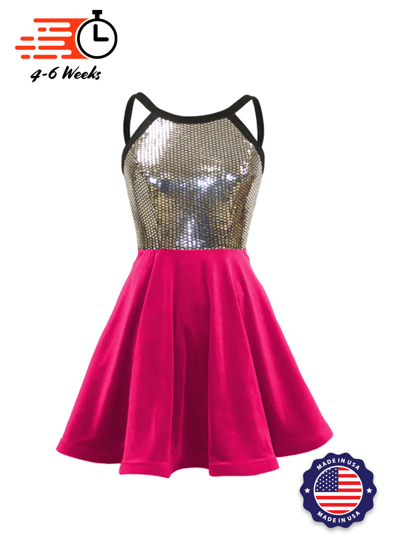 Silver Disco Ball Sequin/Hot Pink Stretch Velvet Show Choir Dress front