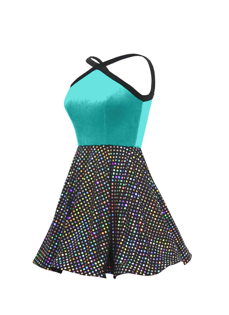 Tiffany Blue Velvet Bodice w Black/Silver Laser Dot Sequin Show Choir Dress side