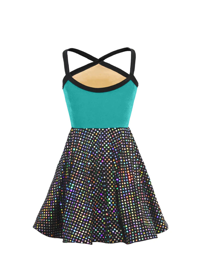 Tiffany Blue Velvet Bodice w Black/Silver Laser Dot Sequin Show Choir Dress back