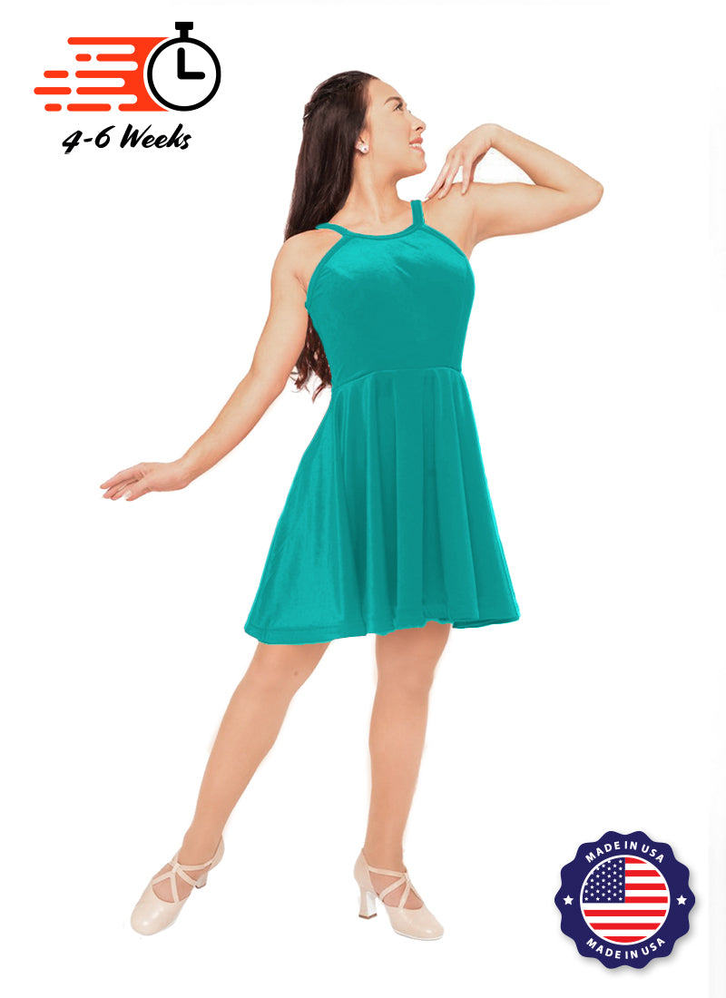 The DANCER Tiffany Blue Stretch Velvet Show Choir Dress w/model front