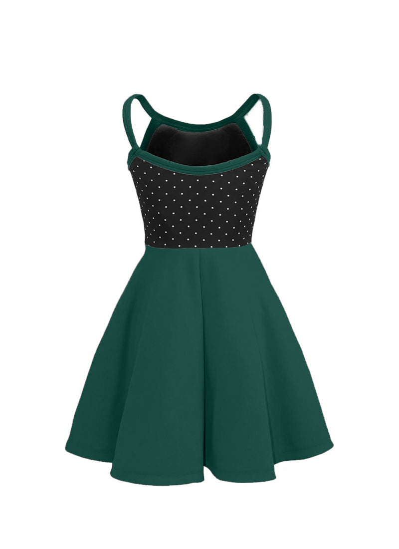 White Pin Dot on Black Bodice/Hunter Green Knit Show Choir Dress back