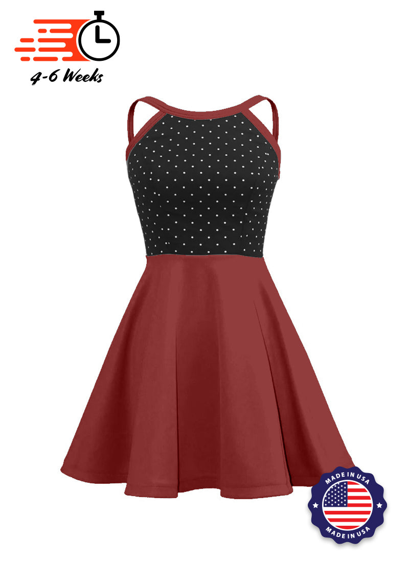 White Pin Dot on Black Bodice/Burgundy Knit Show Choir Dress front