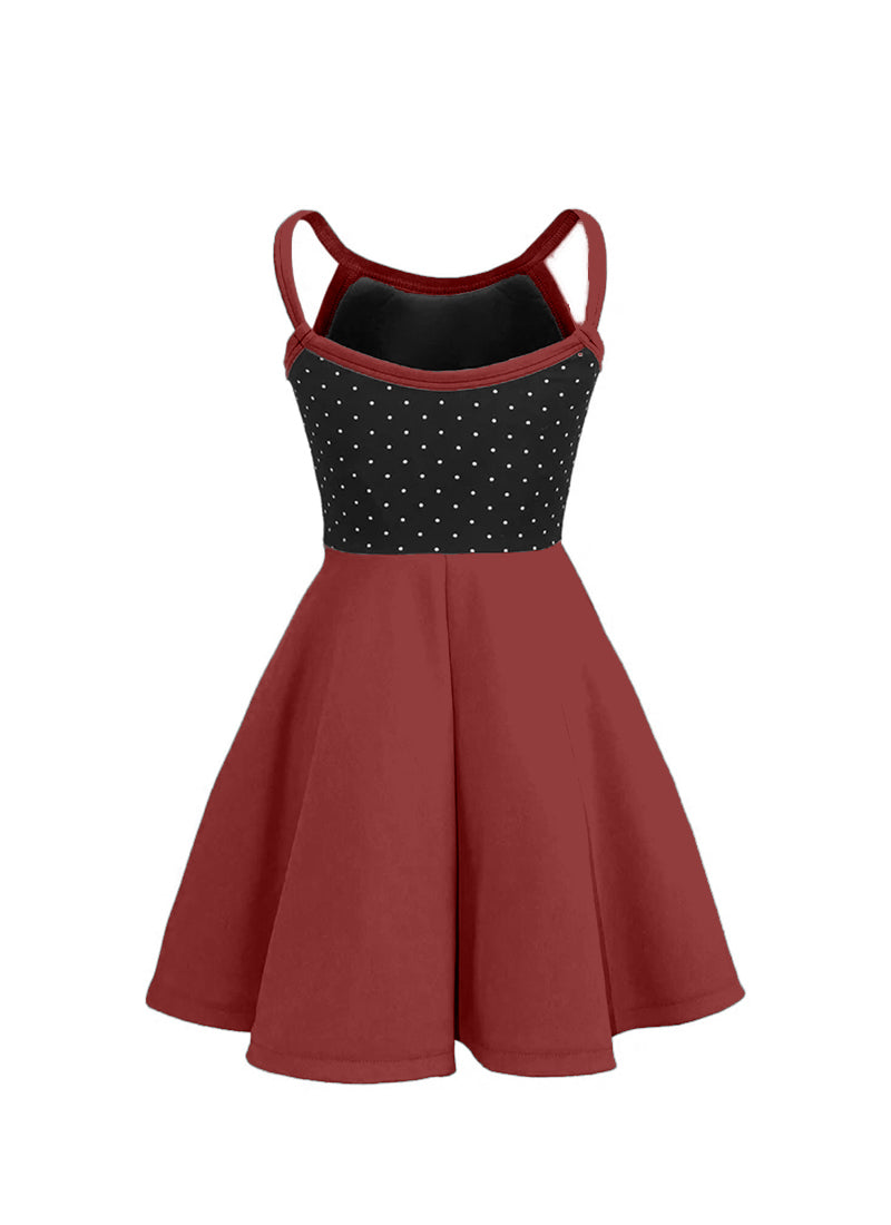 White Pin Dot on Black Bodice/Burgundy Knit Show Choir Dress back