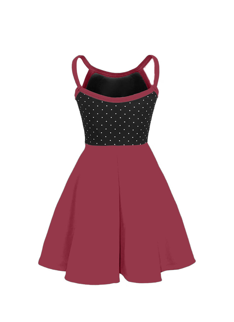 White Pin Dot on Black Bodice/Deep Red Knit Show Choir Dress back