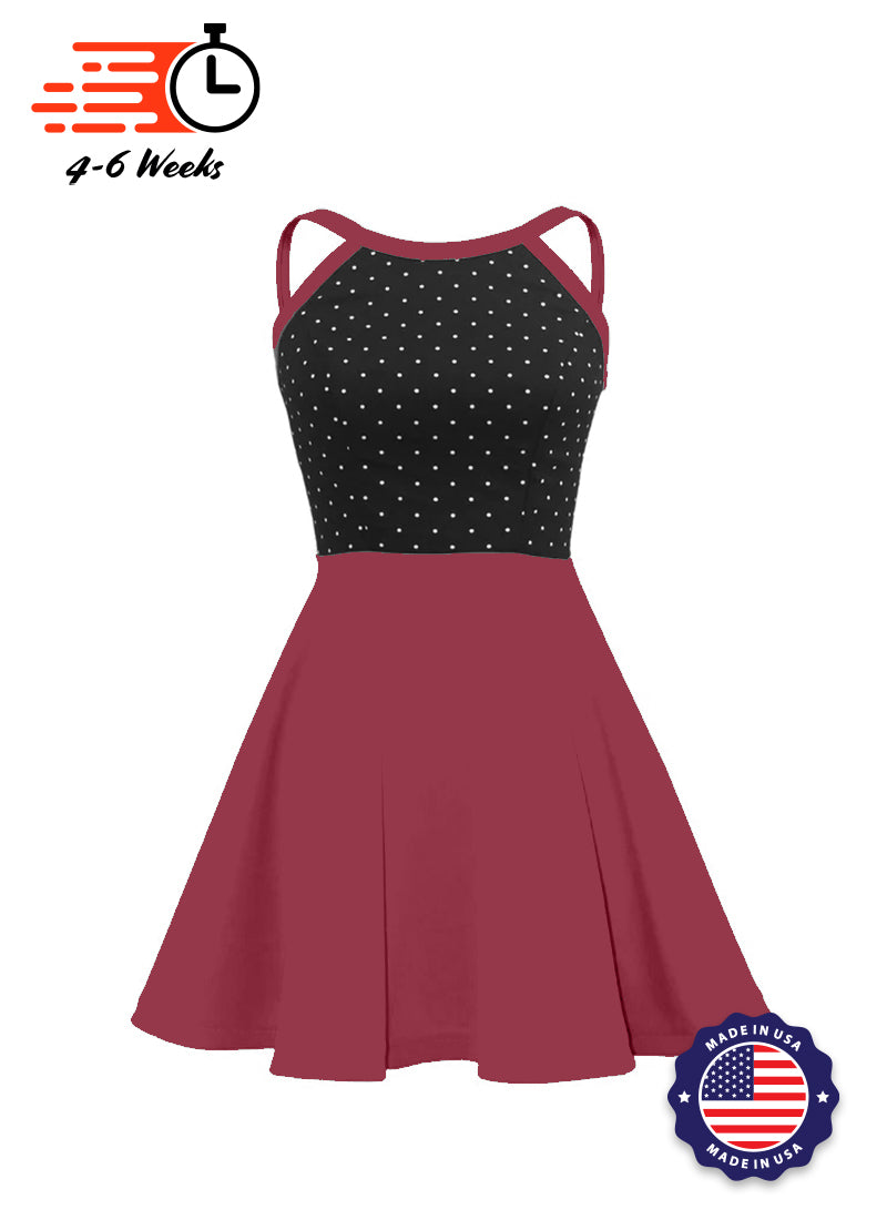 White Pin Dot on Black Bodice/Deep Red Knit Show Choir Dress front