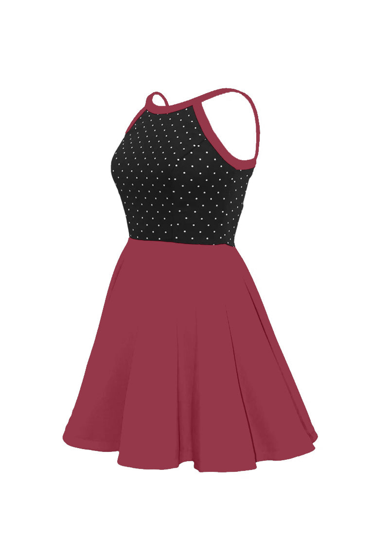 White Pin Dot on Black Bodice/Deep Red Knit Show Choir Dress side