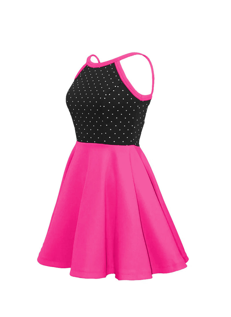White Pin Dot on Black Bodice/Hot Pink Knit Show Choir Dress Side