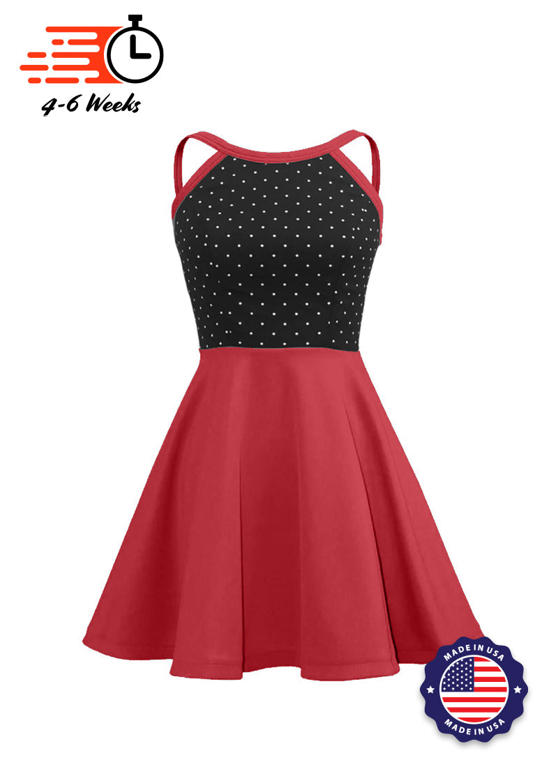White Pin Dot on Black Bodice/Red Knit Show Choir Dress front