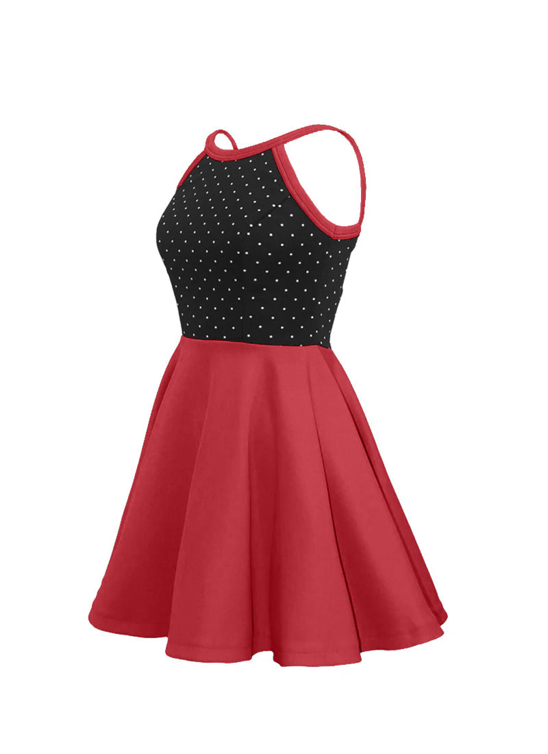 White Pin Dot on Black Bodice/Red Knit Show Choir Dress side