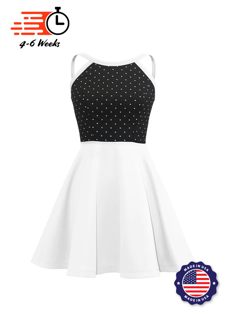 White Pin Dot on Black Bodice White Knit Show Choir Dress front