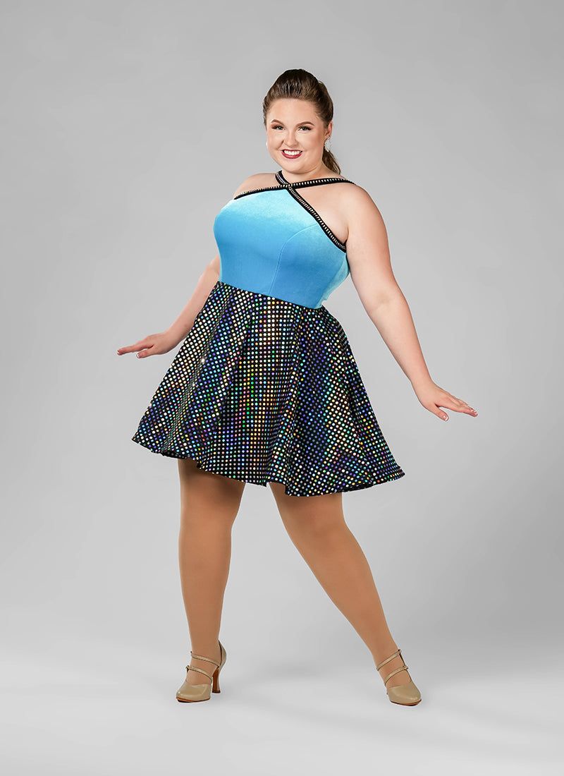 Turquoise Velvet Bodice w Black/Silver Laser Dot Sequin Show Choir Dress w/Model Front View