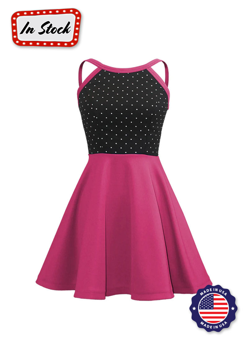 White Pin Dot on Black Bodice/ Rose Knit Show Choir Dress Front View