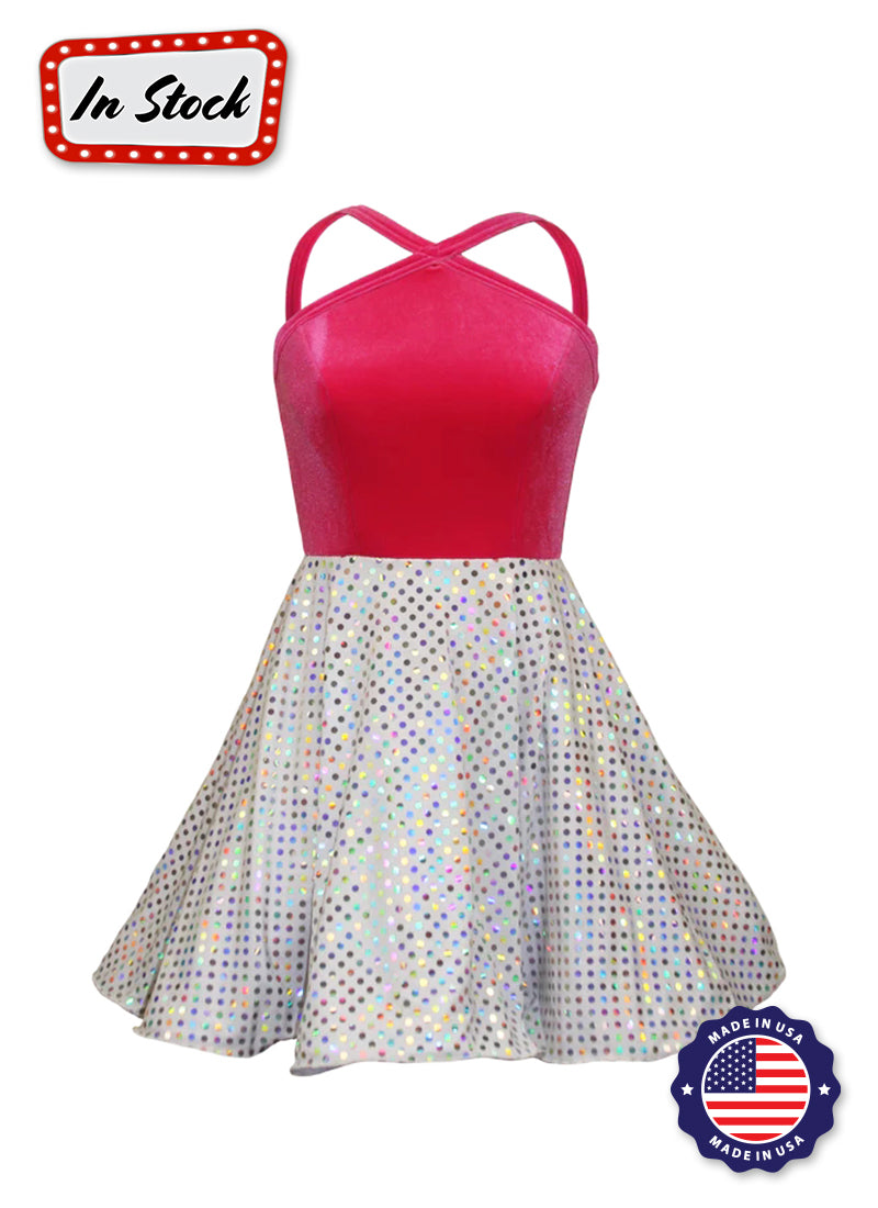 Hot Pink Str. Velvet / White Silver Laser Dot Sequin Show Choir Dress Front View