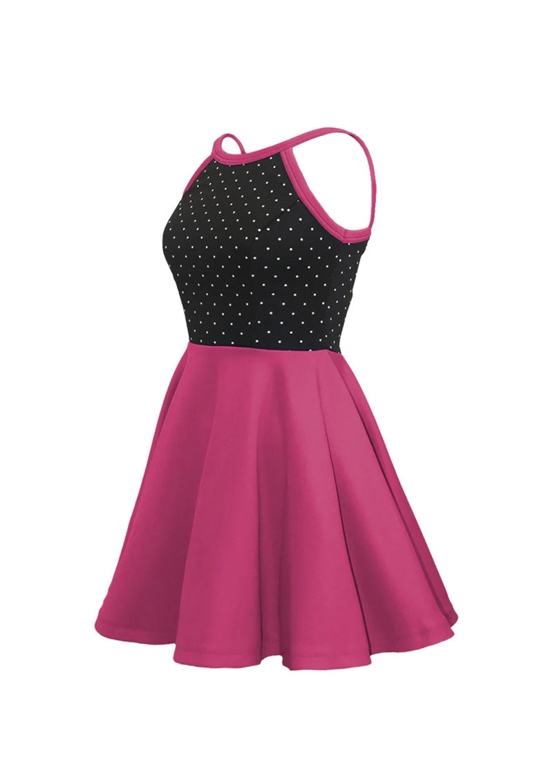 White Pin Dot on Black Bodice/ Rose Knit Show Choir Dress Side View