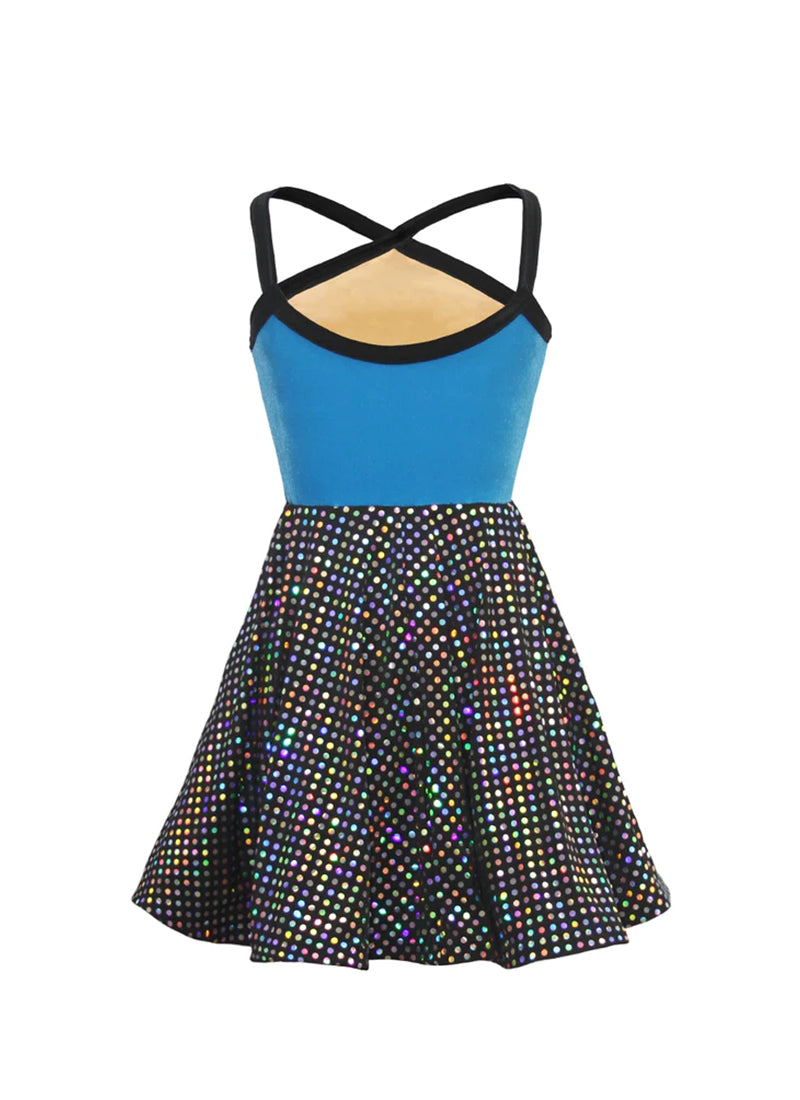 Turquoise Velvet Bodice w Black/Silver Laser Dot Sequin Show Choir Dress Back View