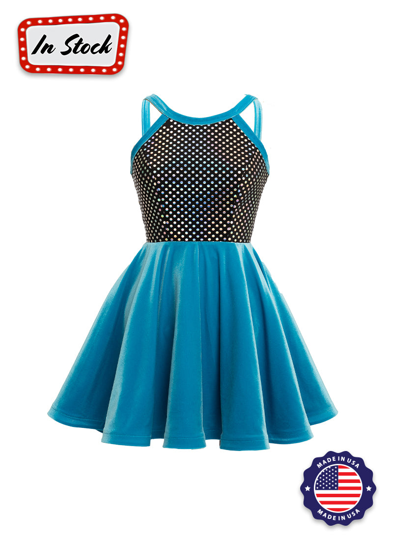 Black/Silver Laser Dot & Turquoise Str. Velvet Show Choir Dress Front View