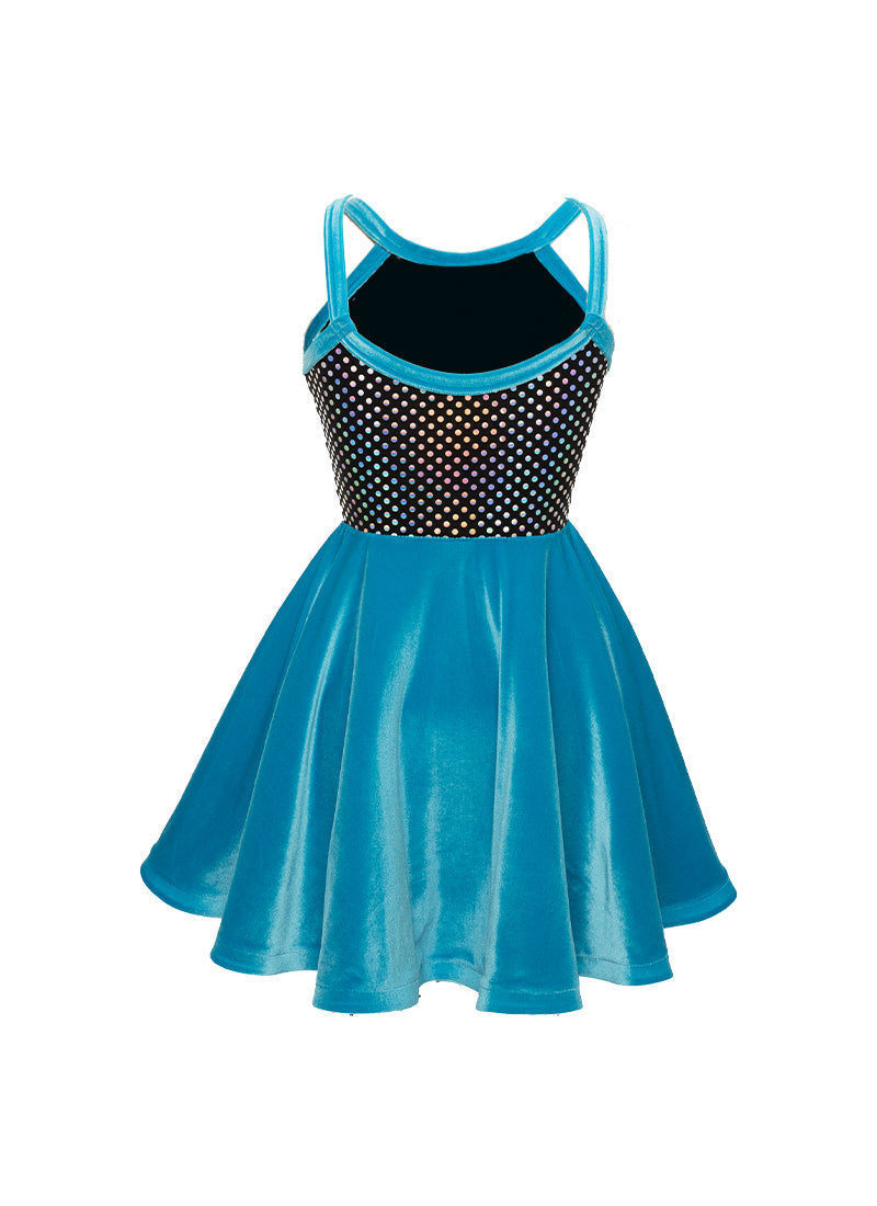 Black/Silver Laser Dot & Turquoise Str. Velvet Show Choir Dress Back View