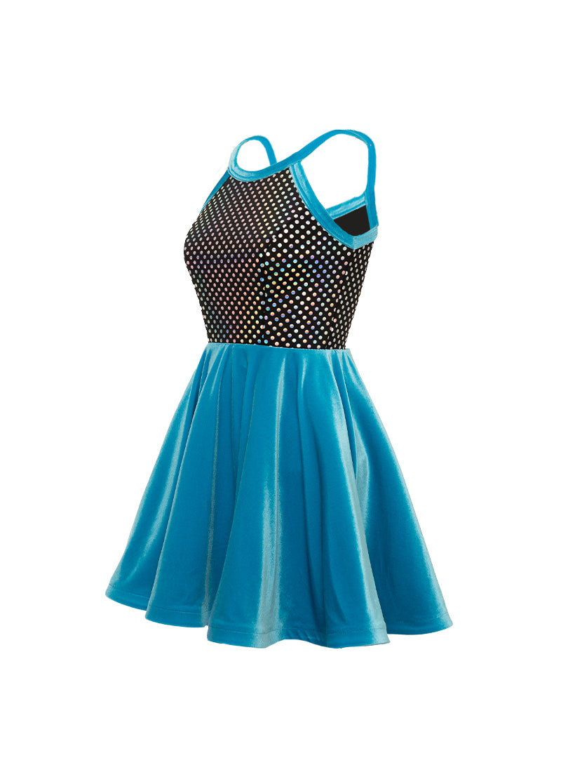 Black/Silver Laser Dot & Turquoise Str. Velvet Show Choir Dress Side View