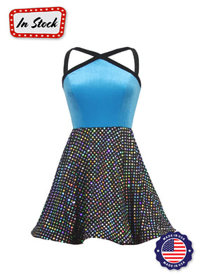 Turquoise Velvet Bodice w Black/Silver Laser Dot Sequin Show Choir Dress Front View